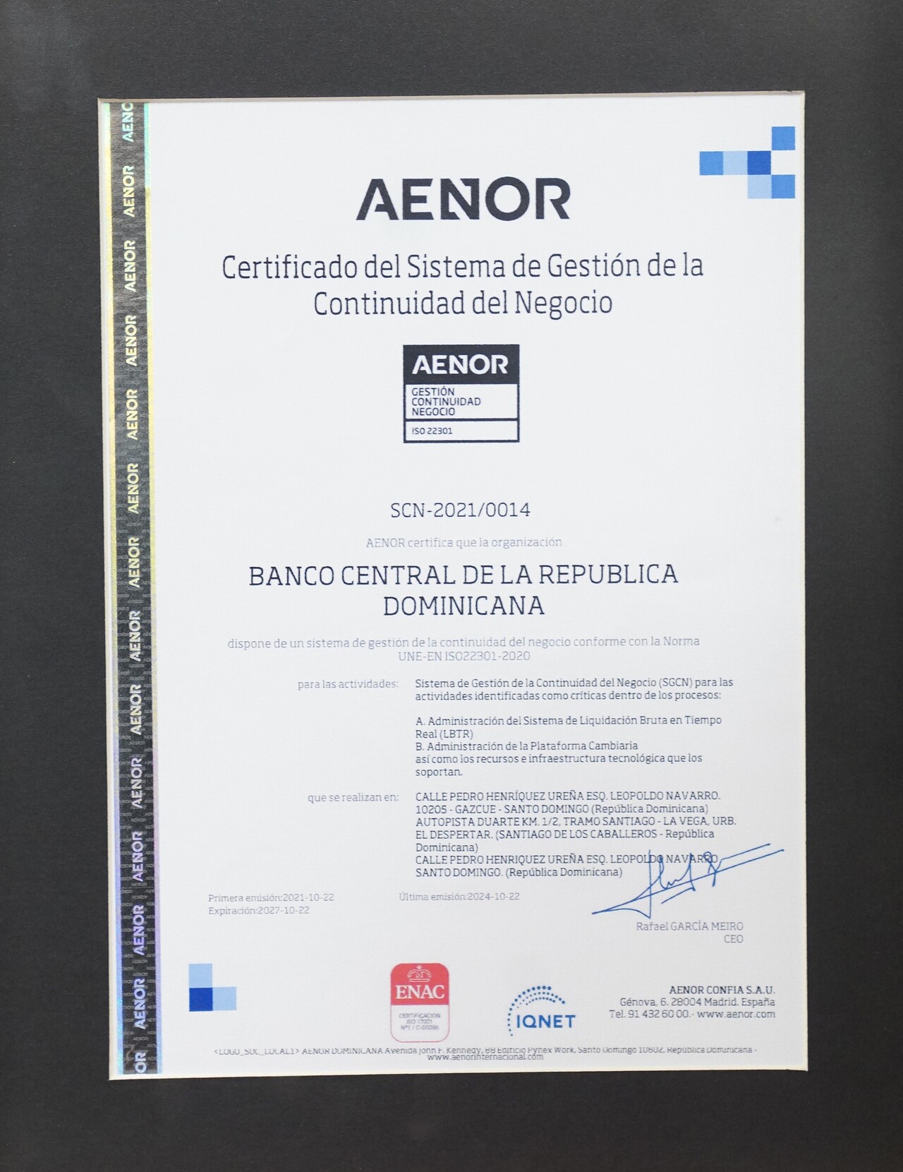 BCRD recibe la certificación ISO 22301:2029 por parte de la Asociación Española de Normalización y Certificación.