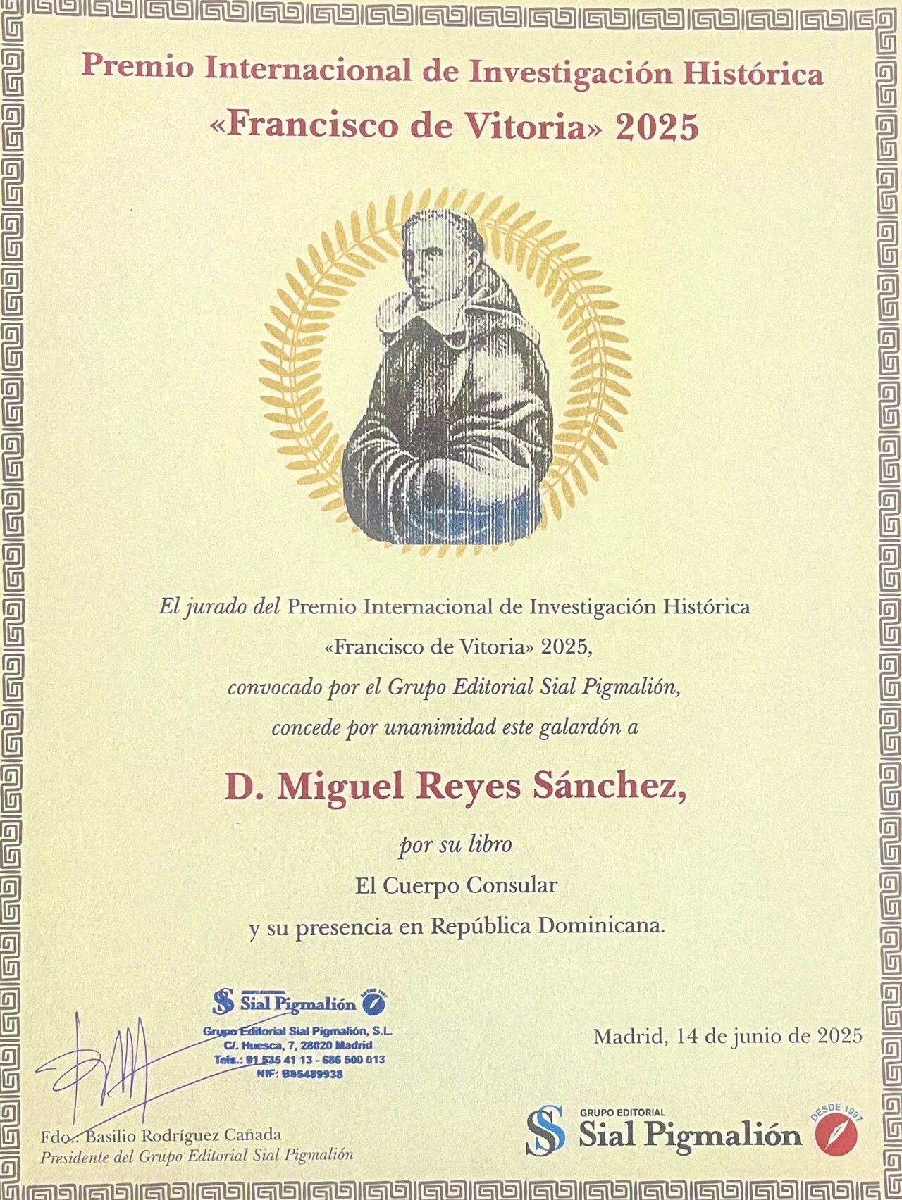 Miguel Reyes Sánchez gana Premio Internacional de Investigación Histórica “Francisco de Vitoria” 2025. 