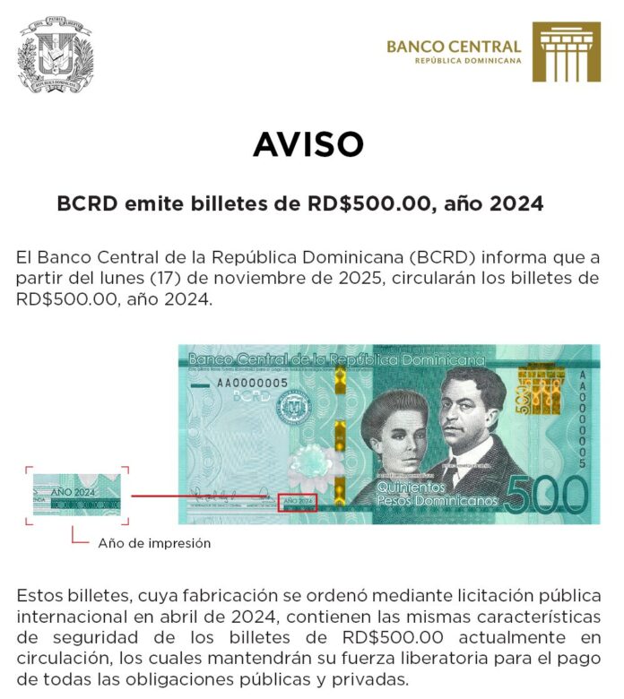 Banco Central pone en circulación nuevos billetes de RD$500 correspondientes al año 2024