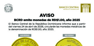 Banco Central anuncia circulación de nuevas monedas de RD$1.00 correspondientes al año 2025